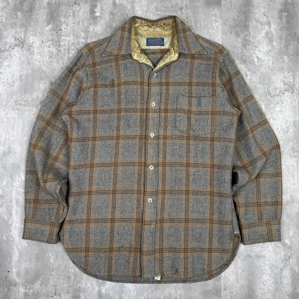 Vintage Pendleton Lodge Shirt Mens Medium Grey Brown Plaid Wool 60s 70s USA Made